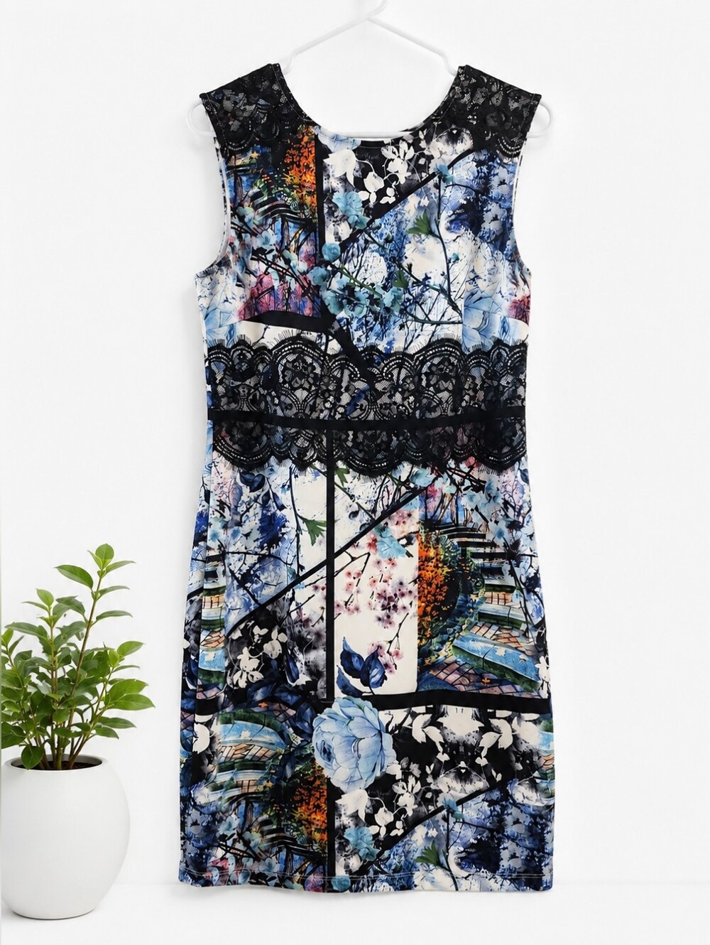 Women's Abstract Floral Lace Accent Sheath Dress | Blue Multicolor - Picture 2 of 7
